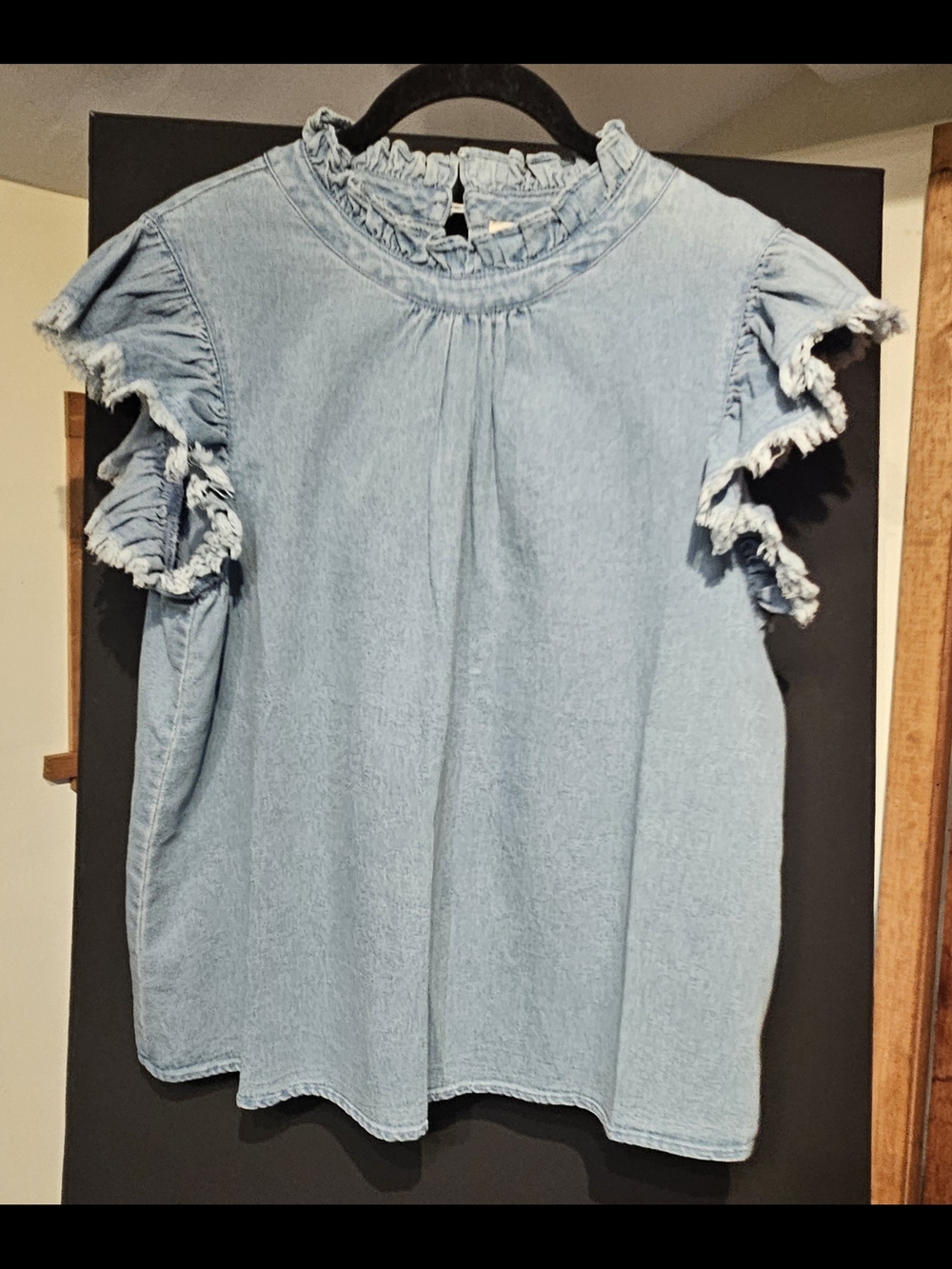 BiBi Light Wash Denim Ruffle Sleeve Top